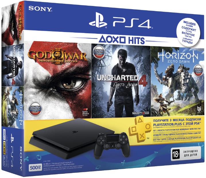 Sony PlayStation 4 Slim 500GB Black + Horizon Zero Dawn + Uncharted 4 + God of War   PS Plus